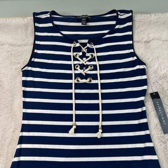 Womens Summer Boho Maxi Dress Tribal femme Size XS Navy Stripe Gold Tie Tassel - Picture 4 of 12